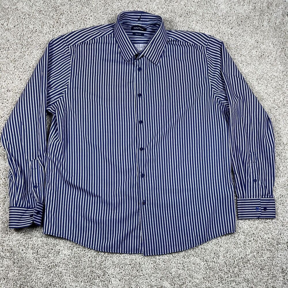 Nautica Dress Shirt Mens XL Tall Blue Burgundy Stripe Wrinkle Resistant Cotton